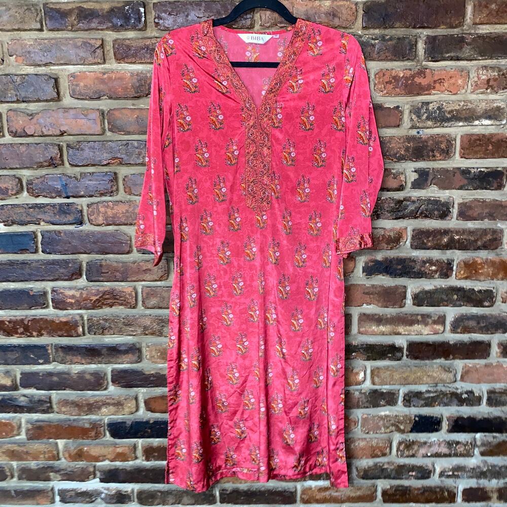 Biba Red Floral Kurta Long Sleeve Midi Dress Women's Size 36 Large